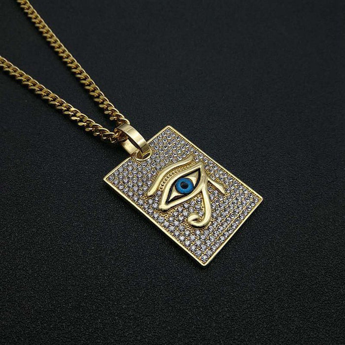 Wholesale Hip Hop Titanium Steel Gold Plated Rhinestone Eye of Horus Pendant Necklace JDC-NE-PREMFY011