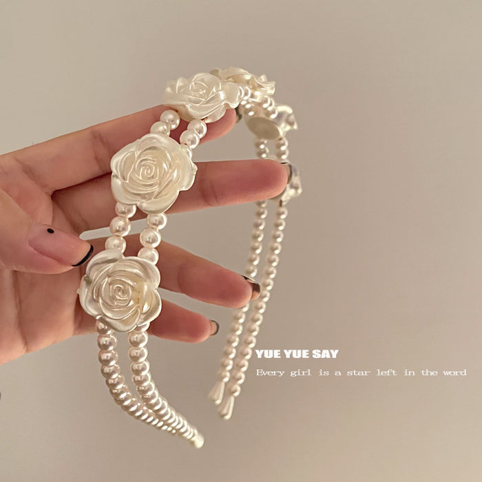 Wholesale rose flower pearl headband retro super fairy double headband JDC-HD-Lyuan004