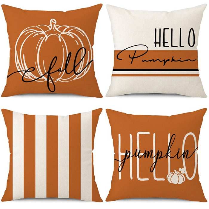 Wholesale Pumpkin Striped Orange Thanksgiving Linen Printed Pillowcase MOQ≥2 JDC-PW-YLong003
