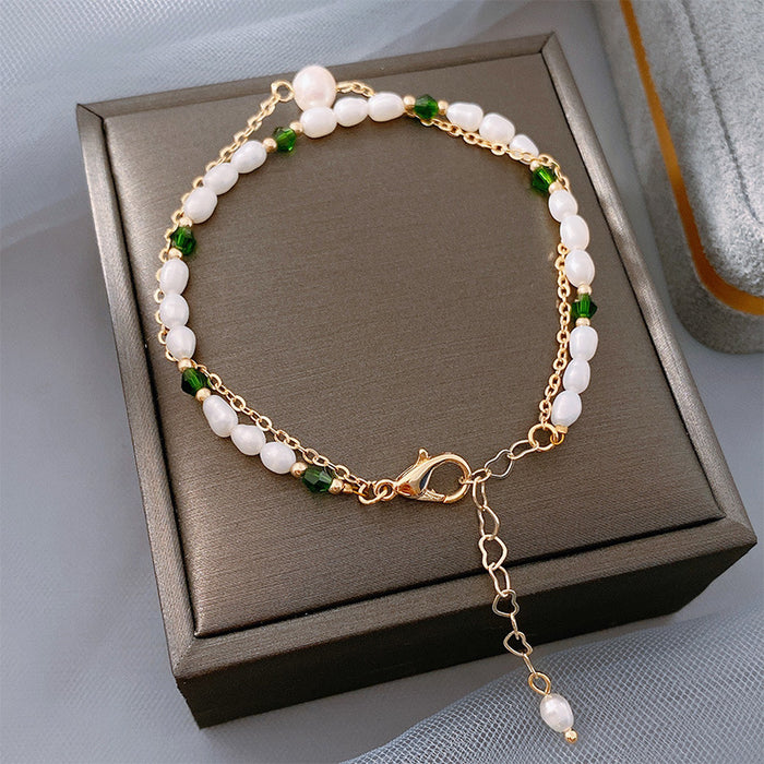 Wholesale Bracelet Pearl Double Baroque Green Crystal JDC-BT-NianJ005
