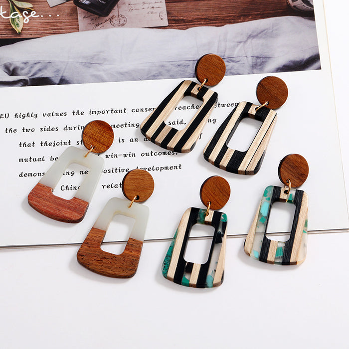 Wholesale Earrings Wood Splicing Resin Hollow Trapezoid MOQ≥2 JDC-ES-QMai002