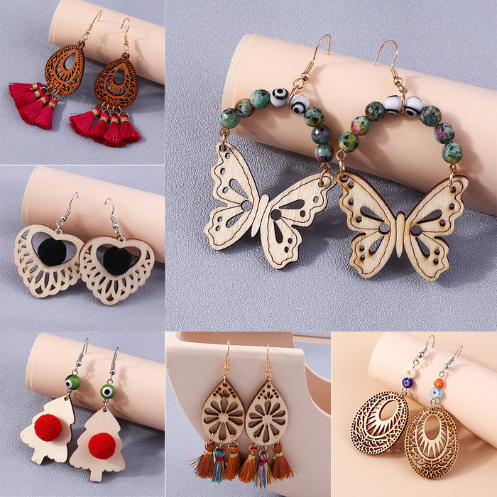 Wholesale Earrings Wooden Love Fringe Devil's Eye Hollow Carved Butterfly JDC-ES-yseng007