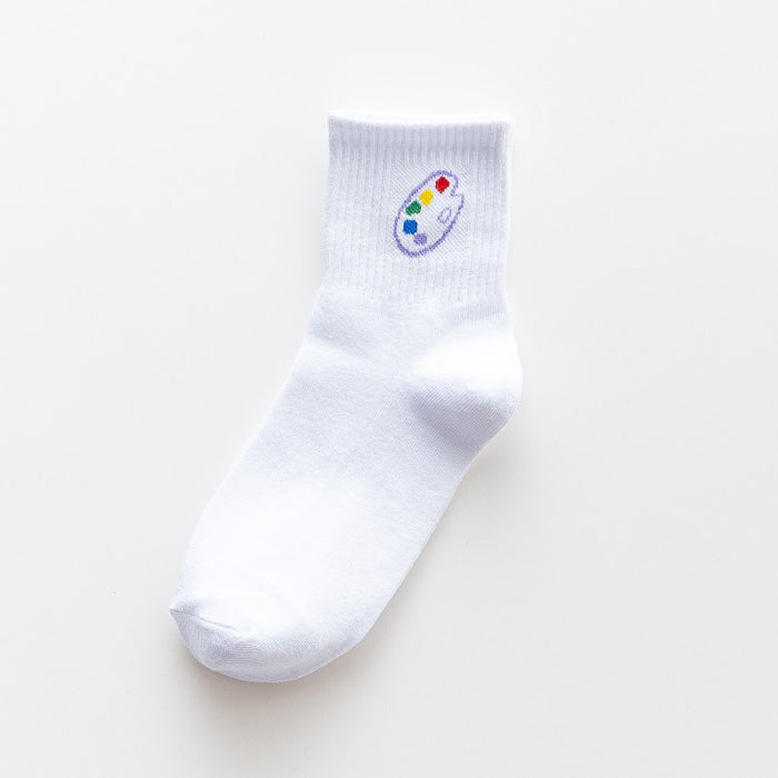 Calcetines al por mayor poliéster liso patrón de arco iris blanco calcetines de tubo medio jdc-sk-dran003