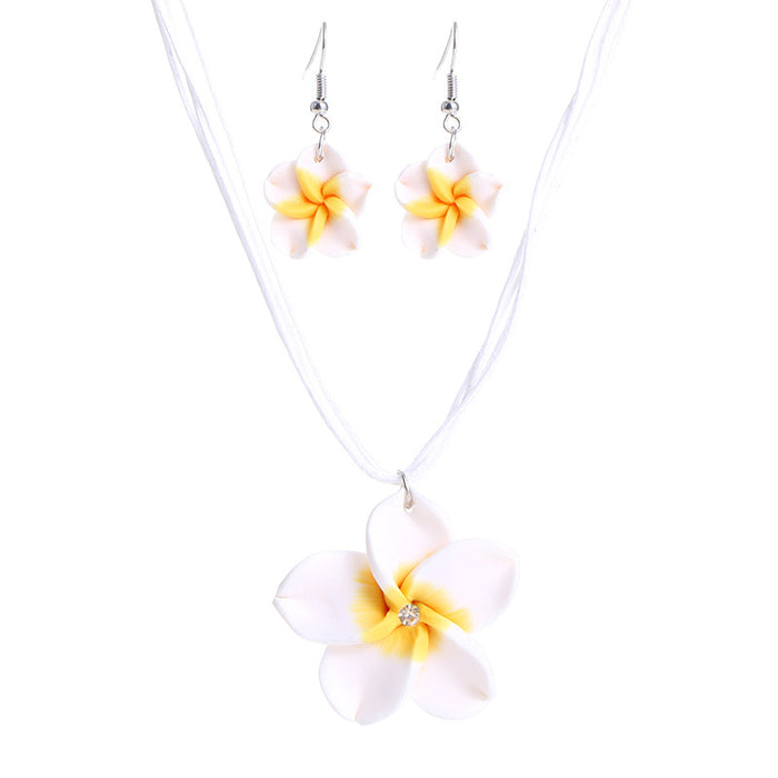 Wholesale Soft Ceramic Flower Alloy Wax Rope Necklace Earrings Set JDC-ES-PaK001