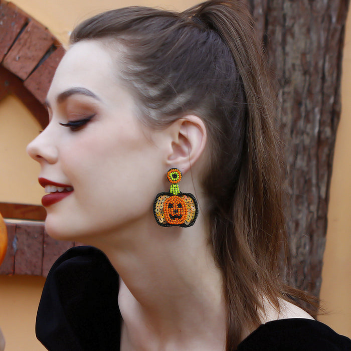 Wholesale Earrings Halloween Rice Beads Handmade Sequins Pumpkin MOQ≥2 JDC-ES-PREMJM011
