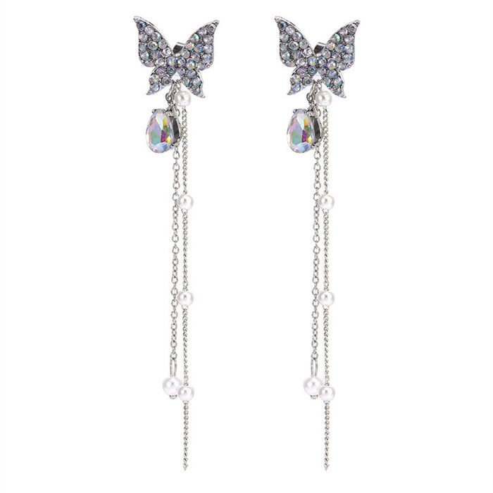 Wholesale Earrings Alloy Purple Butterfly Long Pearl Tassel JDC-ES-XingY002