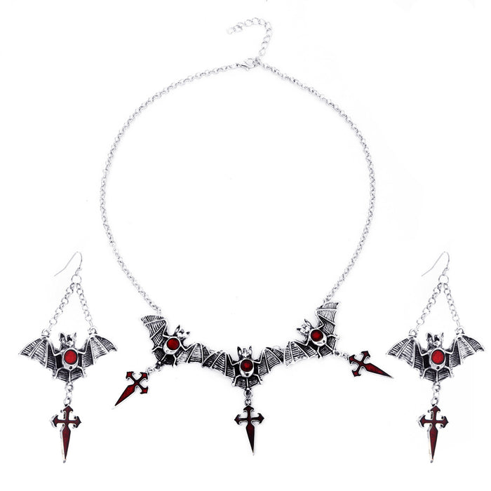 Wholesale Necklace Alloy Drop Bat Earrings Cross Necklace Set JDC-NE-KAN002