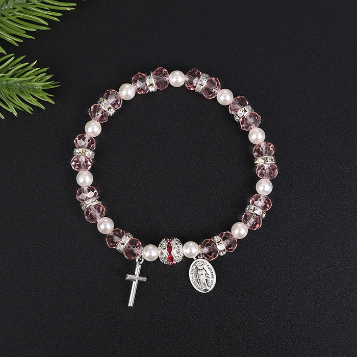 Wholesale Bracelet Alloy Pink Crystal Glass Pearl Cross Bead String MOQ≥10 JDC-BT-ShanS005
