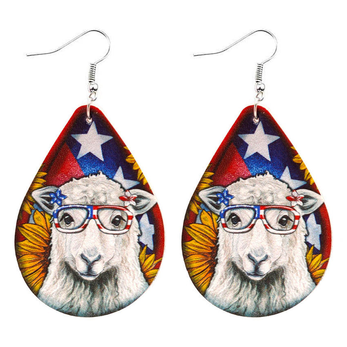 Wholesale US National Day Stars and Stripes Sunflower Eyes Animal Leather Earrings JDC-ES-KDL002