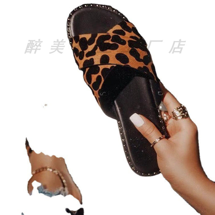 Wholesale Large Size Flat Casual Leopard Print One-Line Rhinestone Women's Sandals JDC-SD-ZuiM005