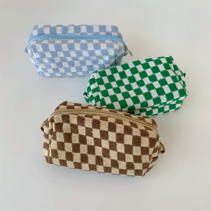 Wholesale Cosmetic bag Knitted Fabric Checkerboard Large Capacity MOQ≥3 JDC-CB-JiJ001