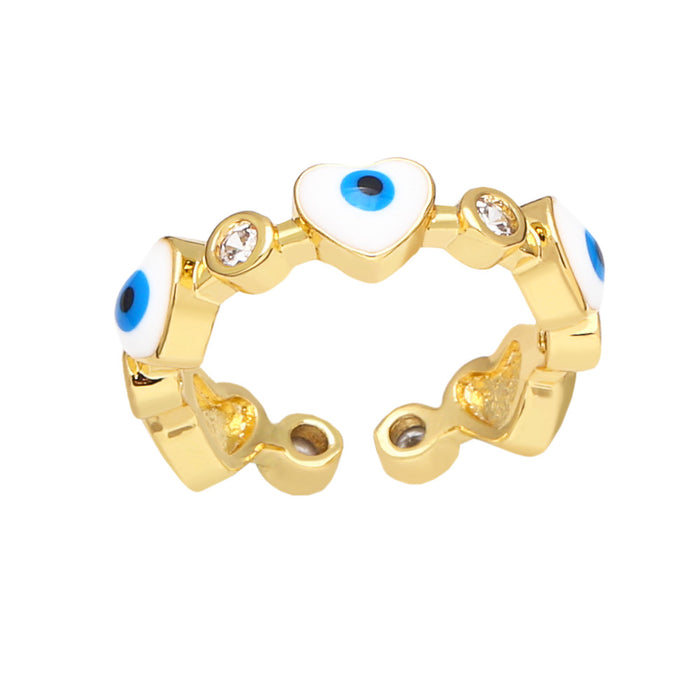 Wholesale Ring Copper Plated 18K Gold Zircon Devil's Eye Heart Shape Enamel Adjustable JDC-PREMAS-RS-009
