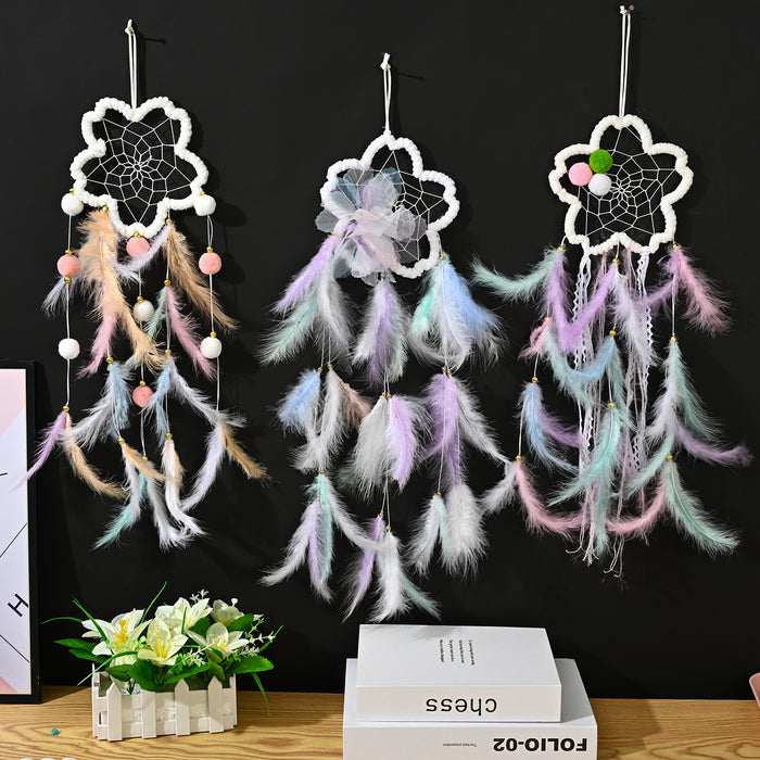 Wholesale flower dream catcher pendant diy material bag hand-woven colorful feathers MOQ≥2 JDC-DC-JunX013