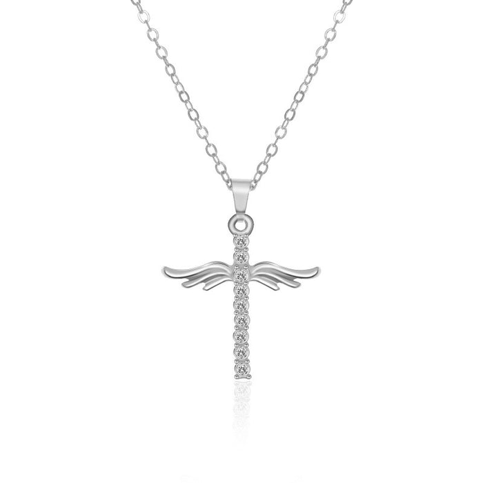 Wholesale Necklace Alloy Angel Wings Pendant Cross Diamonds JDC-NE-RuiP005