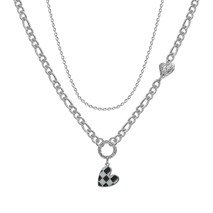 Wholesale Necklace Stainless Steel Double Layer Heart Checkerboard Necklace MOQ≥2 JDC-NE-D055