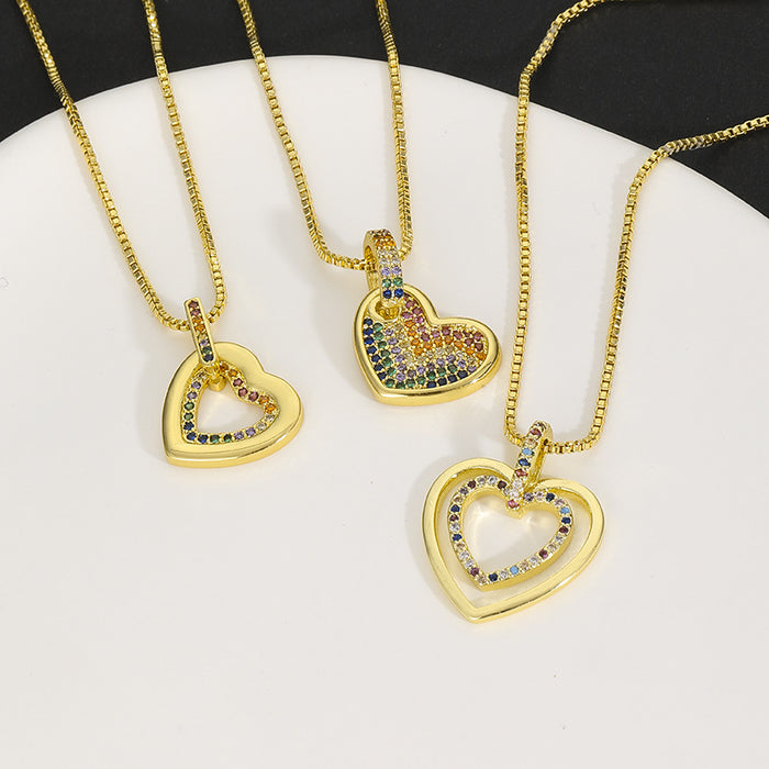 Wholesale Fashion Colorful Brass 18k Gold Zircon Peach Heart Double Layer Necklace JDC-NE-DRY003