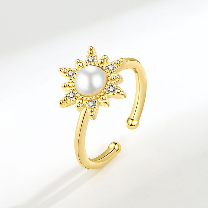 Wholesale Sunflower Set Diamond Rotating Imitation Pearl Copper Adjustable Ring JDC-RS-YJY009