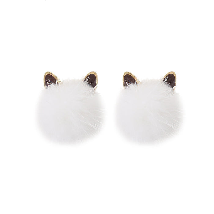 Wholesale Earring Alloy Cute Mink Fur Ball Cat Ear Stud Earrings JDC-ES-Baolai006