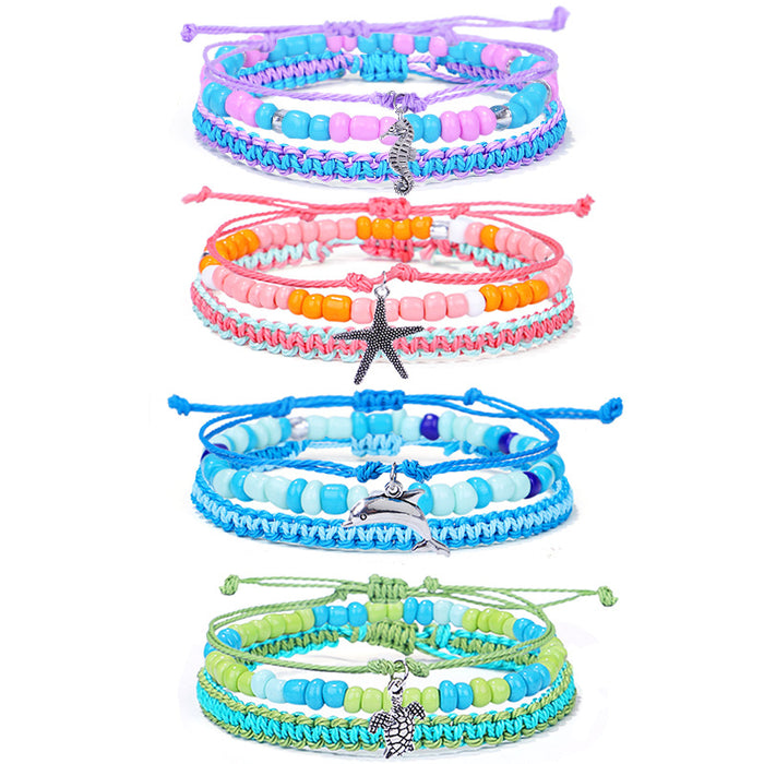 Wholesale Boho Summer Starfish Turtle Dolphin Pendant Rice Bead Set Bracelet MOQ≥3 JDC-BT-QiuX010