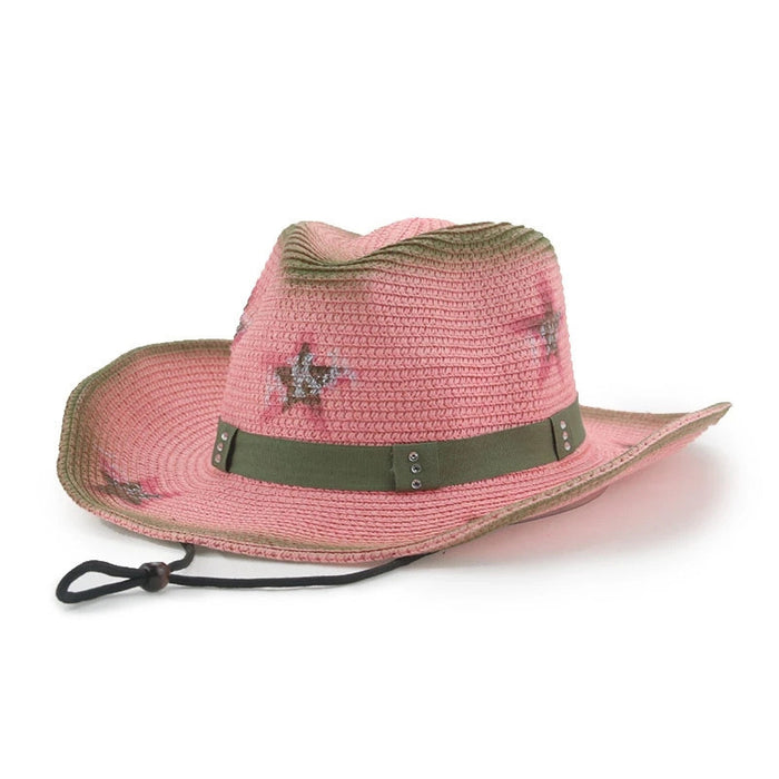 Jewelry WholesaleWholesale Pink Western Cowboy Hat Pentagram Straw Hat JDC-FH-Guanchuan010 Fashionhat 冠川 %variant_option1% %variant_option2% %variant_option3%  Factory Price JoyasDeChina Joyas De China