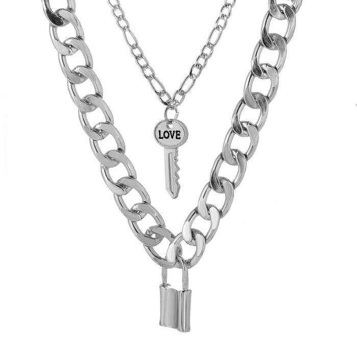 Jewelry WholesaleWholesale geometric lock aluminum chain key double layer necklace JDC-NE-XC237 Necklaces 夏晨 %variant_option1% %variant_option2% %variant_option3%  Factory Price JoyasDeChina Joyas De China