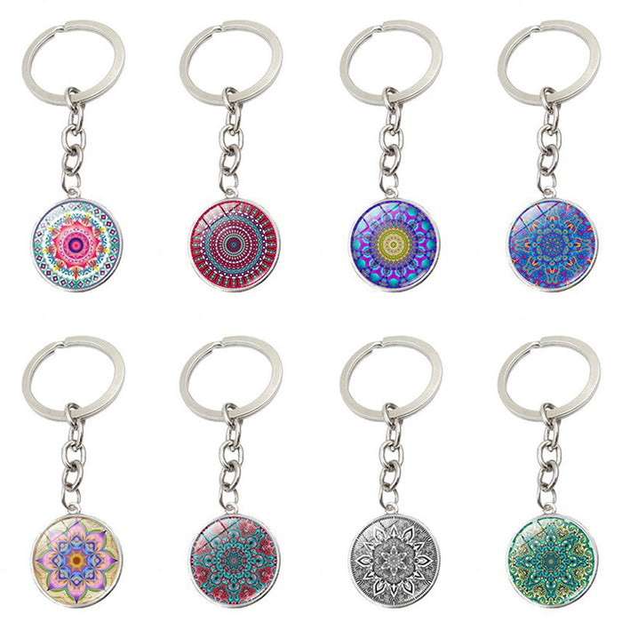 Wholesale Keychains Alloy Glass Sheet Mandala Flower Time Gems JDC-KC-HengX014