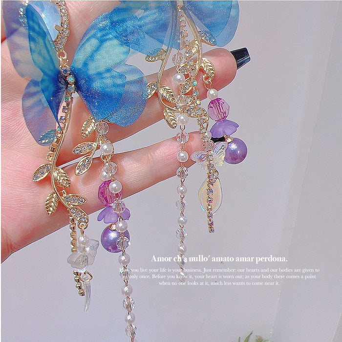 Wholesale Blue Embroidered Butterfly Ball Beads Flower Tassel Earrings JDC-ES-qiant012