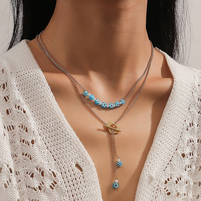 Wholesale Necklace Alloy Handmade Rice Beads Turquoise Star Moon Pendant MOQ≥2 JDC-NE-mengcui004