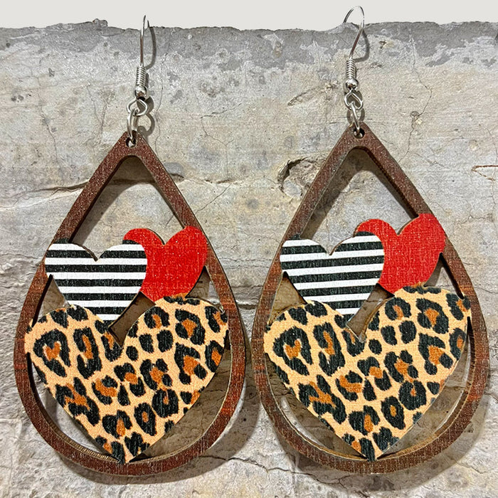 Wholesale Earrings Wooden Printed Hollow Heart 2 Pairs JDC-ES-HeYi090