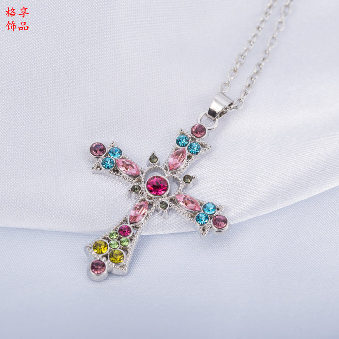 Wholesale Boho Style Crystal Diamond Color Cross Pendant Necklace MOQ≥2 JDC-NE-GEXA001