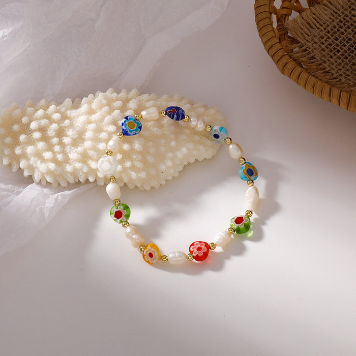 Wholesale Cute Handmade Colorful Glass Freshwater Pearl Flower Stretch Bracelet JDC-BT-ShiP004