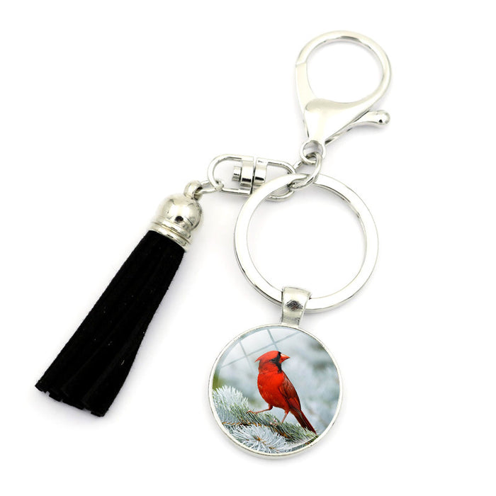 Wholesale Keychains Alloy Glass Sheet Cardinal Bird Tassels JDC-KC-HengX017
