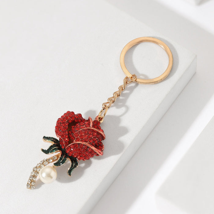 Wholesale Keychains Alloy Pearl Red Rose JDC-KC-RRui007