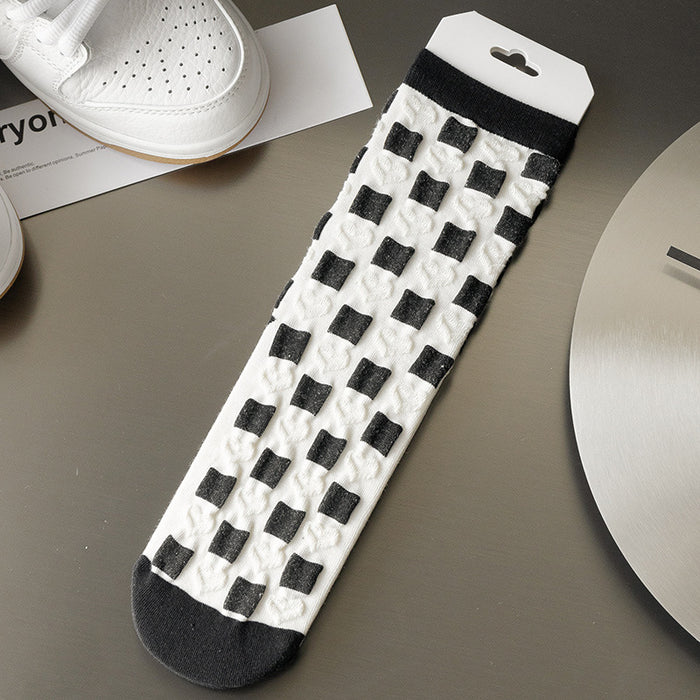 Wholesale tube socks black and white plaid smiley sweat-absorbing breathable cotton socks JDC-SK-CYu016