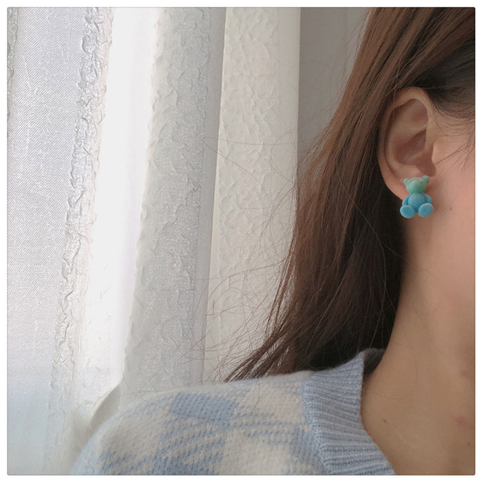 Wholesale Earrings Tulle Flocking Blue Gradient Bear JDC-ES-AX003