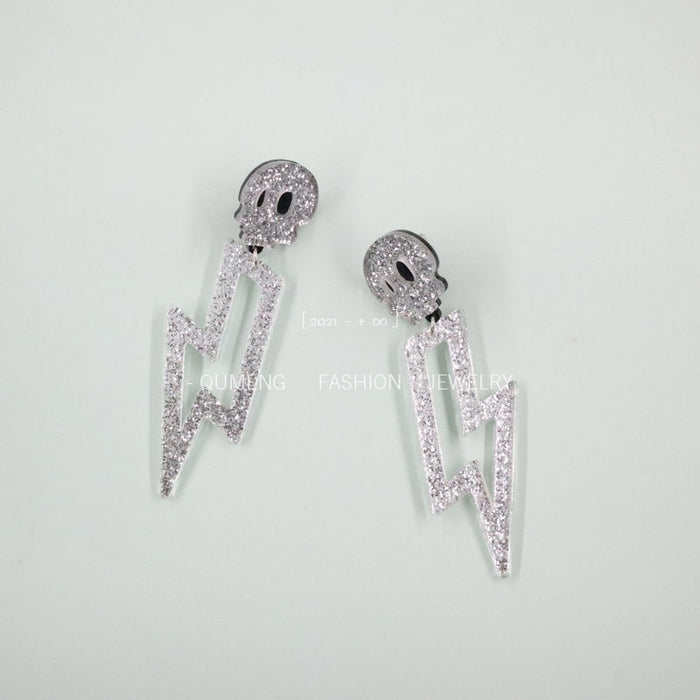 Wholesale Earrings Halloween Lightning Acrylic Silver Glitter Skull MOQ≥2 JDC-ES-MOSHU032