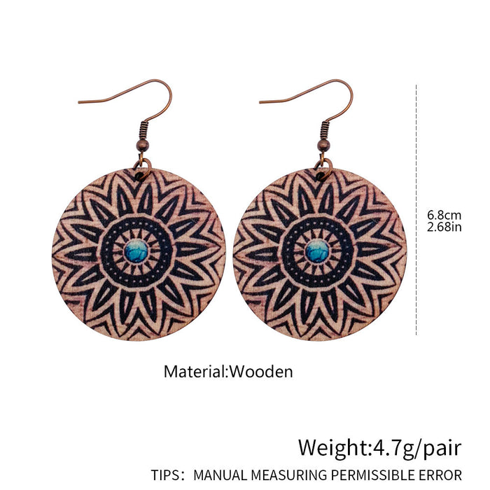 Wholesale Earrings Wooden Vintage Turquoise Pattern Mosaic Round JDC-ES-Chengy026