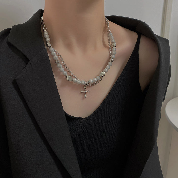 Wholesale Necklace Titanium Steel Reflective Pearl Cross Clavicle Chain Bracelet Jewelry Set JDC-NE-GM012