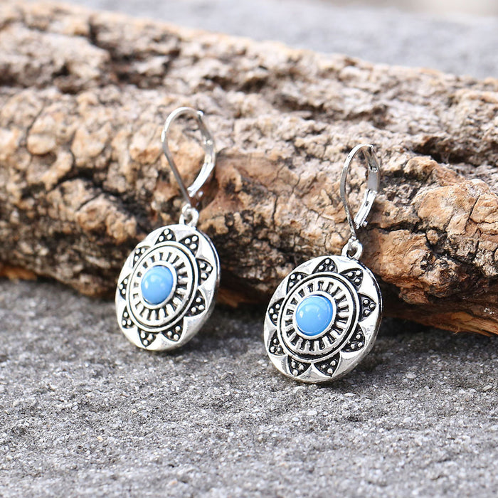 Wholesale alloy vintage pattern with turquoise earrings MOQ≥2 JDC-ES-Jugou008