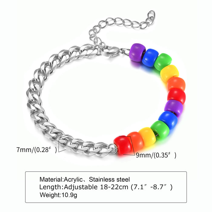 Wholesale LGBT Stainless Steel Acrylic Beaded Rainbow Stitching Personality Bracelet JDC-BT-QuanS006