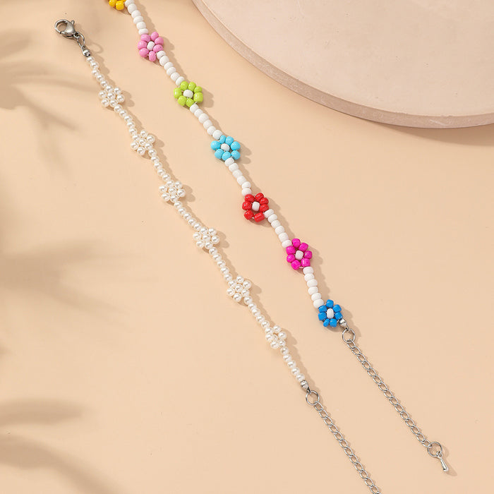 Wholesale Hand Woven Colorful Rice Beads Boho Color Flower Beaded Bracelet Two Piece Set MOQ≥2 JDC-BT-FanT001