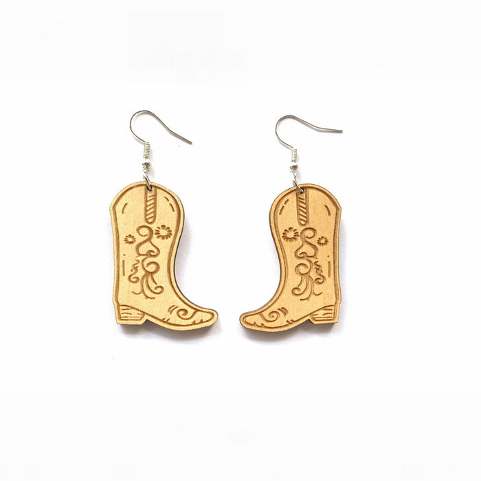 Wholesale Earring Wooden Cute Western Cowboy Carving Boots JDC-ES-Xuep089