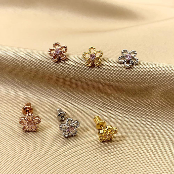 Wholesale Earrings Copper Five Petal Flower Fishbone Zirconia Stud Earrings MOQ≥2 JDC-ES-FoXi003