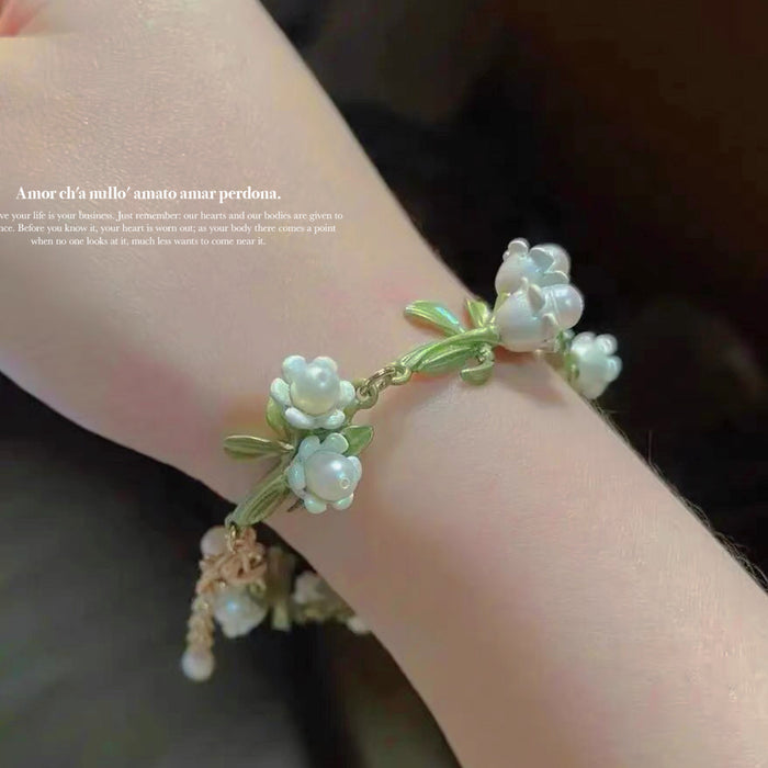 Wholesale Bracelet Alloy Green Leaf White Lily of the Valley Pearls JDC-BT-QianT005