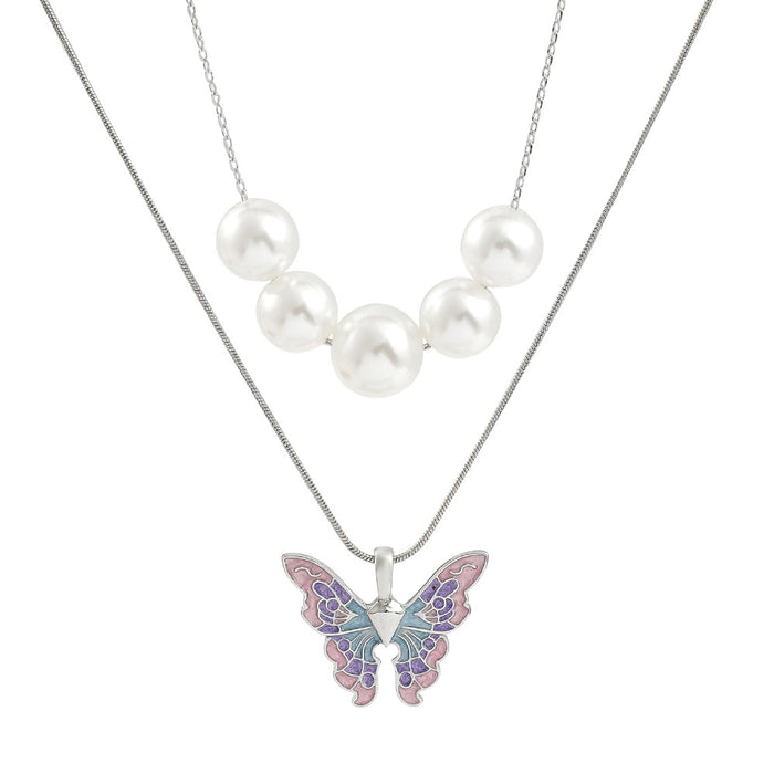 Collar de perla de mariposa de doble capa al por mayor colgante de esmalte premium jdc-ne-kefeng002