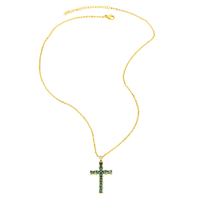 Wholesale Necklace Copper Plated 18K Gold Zircon Emerald Cross JDC-PREMAS-NE-016