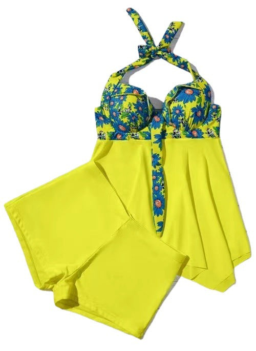Wholesale One Piece Swimsuit Yellow Floral Sexy Cover Belly Swimsuit JDC-SW-RUIQ003