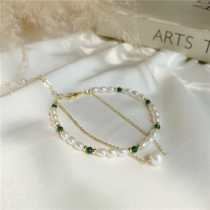 Wholesale Bracelet Pearl Double Baroque Green Crystal JDC-BT-NianJ005