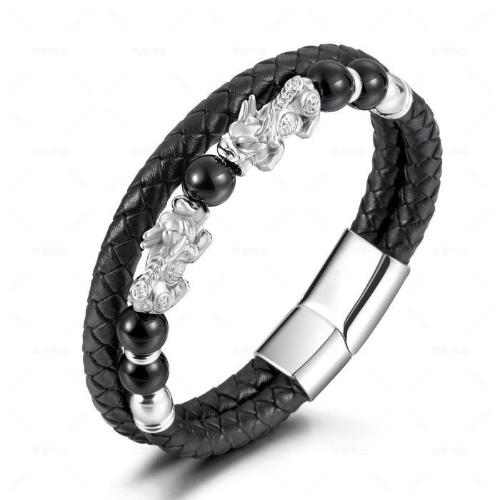 Wholesale Democratic Style Braided Leather Beaded Stainless Steel Mens Leather Bracelet JDC-BT-ZiGe007