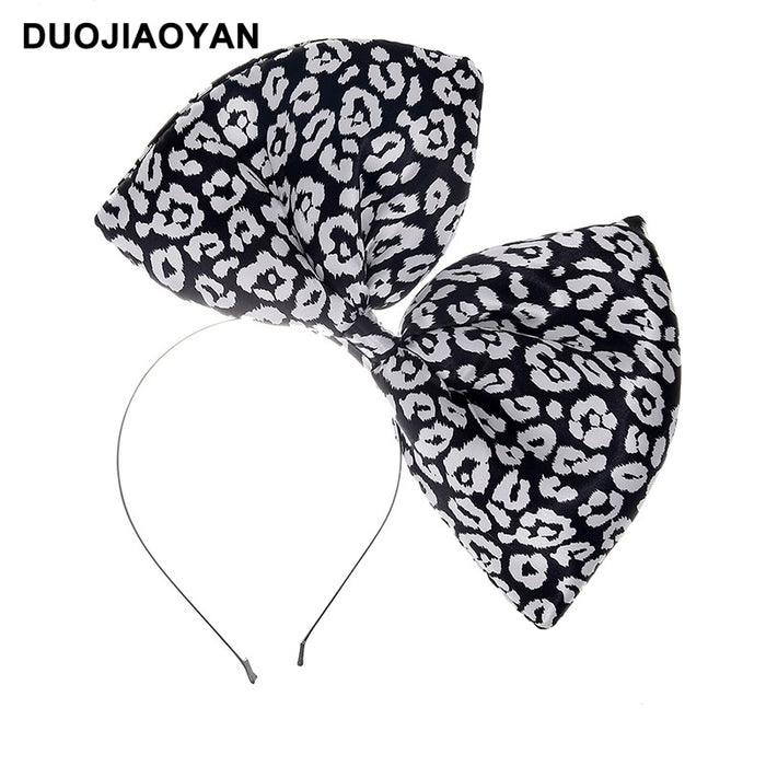 Wholesale Leopard Print Exaggerated Oversized Bow Satin Cloth Iron Headband MOQ≥3 JDC-HD-Jiaoy012